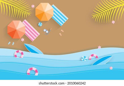 Top view on beach background with umbrellas balls surfboards flip flops juice aerial view of summer beach paper cut style vector