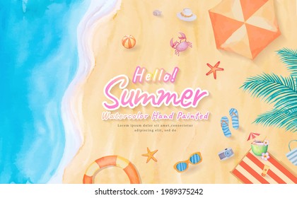 Vista superior en la playa olas océano mar con surf, paraguas, bola, anillo de nado, gafas de sol, sombrero, sandalia, pez estrella en verano vacaciones turismo tropical viaje. acuarela pintada a mano.