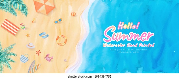 Top view on the beach ocean waves sea with surfboard,umbrella,ball,swim ring,sunglasses,hat,sandal,starfish in summer holidays tropical tourism travel trip. watercolor hand painted.