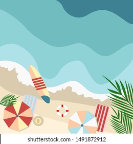 Top view on beach sand and colorful beach sun umbrellas sea surf 

 Vector illustration.