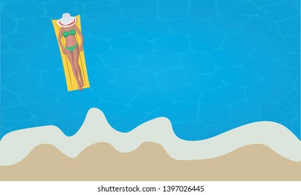 Top view on the beach and sea with sexy girl