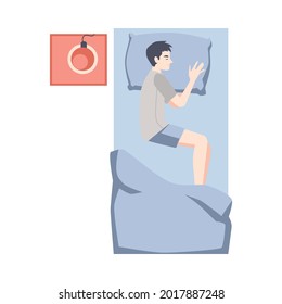 Top view on bed with man sleeping on his side, flat vector illustration isolated on white background. Resting young man cartoon character in comfortable sleep pose.
