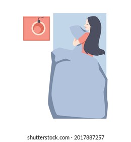 Top view on bed with young woman sleeping under blanket, flat vector illustration isolated on white background. Comfortable night rest pose for good sleep.