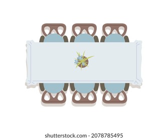 Vista superior sobre una gran mesa de comedor cubierta con manteles blancos limpios y sillas a su alrededor, ilustración vectorial plana aislada en fondo blanco.