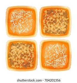 Top view on bread with sesame, poppy and flour toppings
