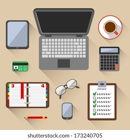 Top view on business workplace with laptop mobile phone glasses and id card vector illustration