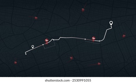 Vista superior no mapa da cidade com acidentes de carro. Sugerindo alterações de rota para evitar incidentes de tráfego. Conceito de proteção automática e evitar o perigo de estrada, acidente de trânsito em autoestrada. Ilustração vetorial.