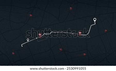 Top view on city map with car accidents. Suggesting route changes to avoid traffic incidents. Auto protection concept and avoid road hazard, traffic accident on motorway. Vector illustration.