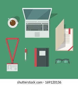 Top view on classic office workplace desk isolated vector illustration