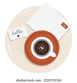 Top view on coffee cup and empty envelope, sending or receiving letters. Vector illustration in flat style