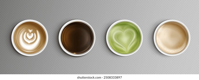 Top view on coffee in plastic or paper cup. Realistic 3d vector caffeine hot drink with milk and ornate on foam on transparent background. Americano or espresso, cappuccino and green coffe overhead.