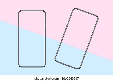 Top view on the contours of modern smartphones with blank screens on a pastel background. With space for your design, content, applications. 3D rendering.