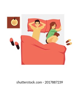 Top view on couple sleep together in bed at night in different position. Man and woman rest in bedroom in comfortable pose. Flat cartoon vector illustration isolated on a white.