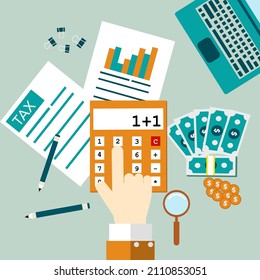 Top view on desk concept design, Workplace with calculator, laptop. Flat design. Vector illustration.
