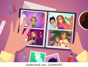 Top view on desk with hands leafing through a family photo album, flat vector illustration. Past life memories and positive good moments, family photo archive.