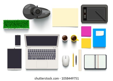 top view on desk objects