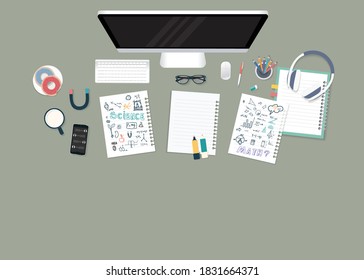 Top view on desk table, learning concept with handwritten science and mathematics pages. Computer, education supplies and donuts with milk lay on the surface.  Vector illustration.
