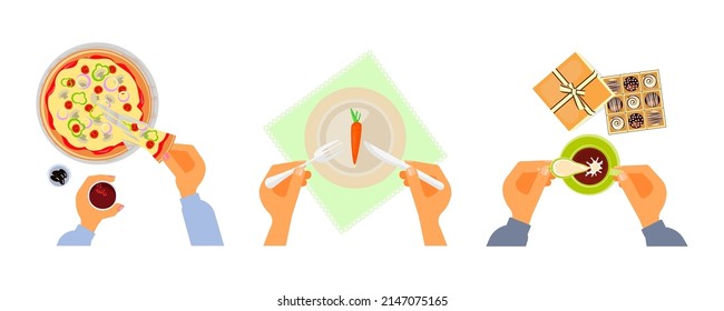 Top view on different diet, sweets and fast food dishes. Person is choosing and eating at a table. Menu for dinner or lunch. Flat Art Vector Illustration