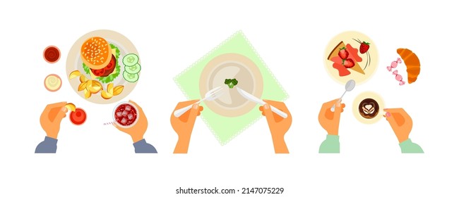 Top view on different diet, sweets and fast food dishes. Person is choosing and eating at a table. Menu for dinner or lunch. Flat Art Vector Illustration
