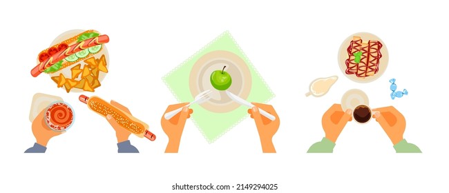 Top view on different diet, sweets and fast food dishes. Person is choosing and eating at a table. Menu for dinner or lunch. Flat Art Vector Illustration