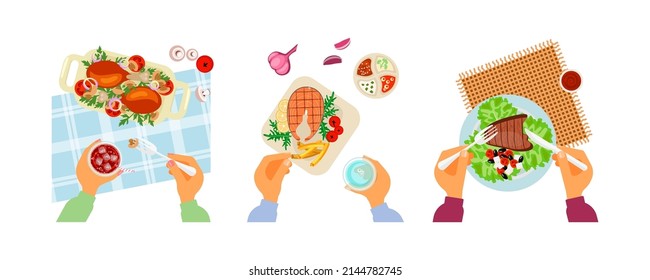 Vista superior de los diferentes platos principales. La persona está comiendo en una mesa. Menú para la cena o el almuerzo. Ilustración de vectores de arte plano