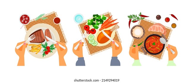 Top view on different main dishes. Person is eating at a table. Menu for dinner or lunch. Flat Art Vector Illustration