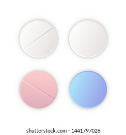 Top view on different round pills, medicaments vector set isolated on white