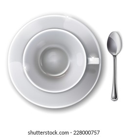 Top view on empty white cup with saucer and  spoon on a white background. Mesh. Isolated.  This file contains transparency.