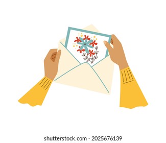 Top view on female hands putting or taking of postcard from mail envelope, flat vector illustration isolated on white background. Mail and post getting concept.