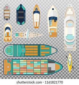 Top view on fisherman boats on water. River or sea, lake or pond with motor or wooden sailboat. Kayak with paddle and wherry with oar, sport ship. Fisherman and fishing sport, sailing theme