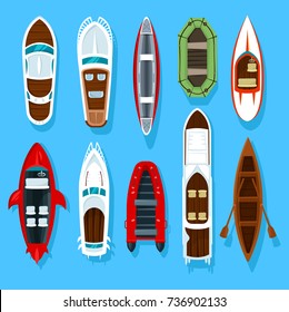 Top view on fisherman boats on water. River or sea, lake or pond with motor or wooden sailboat. Kayak with paddle and wherry with oar, sport ship. Fisherman and fishing sport, sailing theme