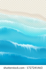 Top view on foamy ocean waves. Realistic aerial view on foamy sea water isolated on checkered background. Vector illustration with cascade of sea waves.