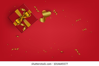 Top view on gift box and bow with beautiful backdrop. Vector illustration. Happy birtday, Happy new year, Valentine's day concept.