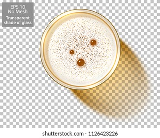 Top view on Glass of Beer isolated on transparent background. Beer Mug filled of lager with foamy bubbles. Realistic shadow of transparent glass for use with any backdrop. Vector Illustration. No Mesh