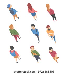 Vista superior sobre el conjunto de ilustraciones vectoriales de personajes de personas en marcha y en marcha
