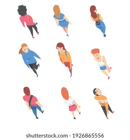 Top View on Going and Walking People Characters Vector Illustration Set
