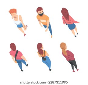 Top View on Going and Walking People Characters Vector Illustration Set