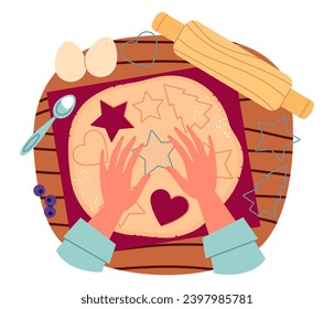 Top view on hands making cookies different shapes cartoon vector illustration. Festive  shaped cookies. Process of making cookies
