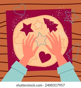 Top view on hands making cookies cartoon vector illustration. Festive shaped cookies. Process of making sweet cookies