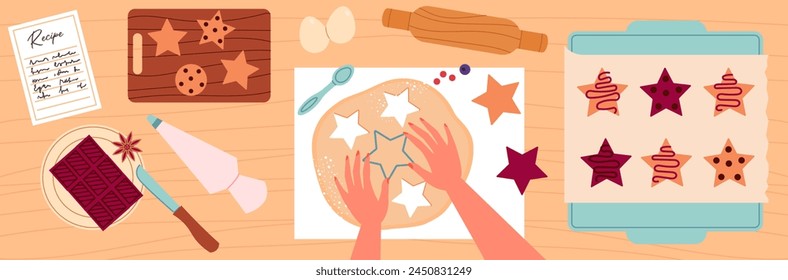 Top view on hands making cookies cartoon vector illustration. Process of making sweet cookies on big table. Festive shaped cookies.