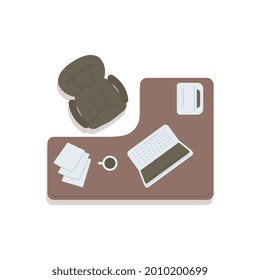 Top view on home or office workplace with corner desk and laptop, flat vector illustration isolated on white background. Plan of office or work room interior.