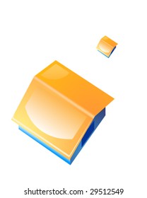 Top view on the house with the orange roof and the blue walls.
