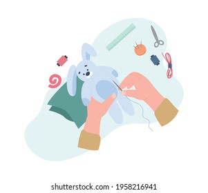 Top view on human hands in process of sewing bunny toy. Banner for creative handicraft workshop or courses of making textile toys, flat vector illustration.