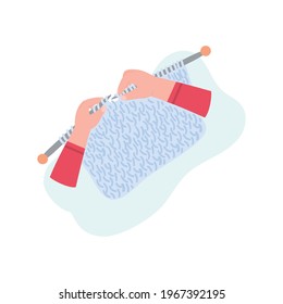 Top view on human hands doing knitting with needles from blue yarn. Handmade hobby in craft workshop or class at leisure for children and women. Flat vector isolated illustration