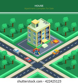 Top view on isometric city landscape with apartment house children playground crossroad and green park around vector illustration  