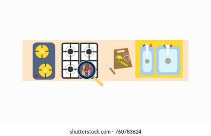 Top view on kitchen cooking table with stove with pan, cutting board with knife and double sink. Background of vector illustration with furniture is white