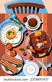 Vista superior en banner de comida de cocina, estilo de arte pop. Fondo vectorial o fondo en estilo retro cómico. Cocina sonriente arte pop. Gracioso tocino y huevo, café y pasteles, utensilios de cocina. Elemento de menú del restaurante