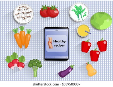 Top view on kitchen table with fruit and vegetables, juice - foods for diet, fitness and healthy eating.  With tablet with text healthy recipes. Flat EPS10 vector with a top view for your design. With