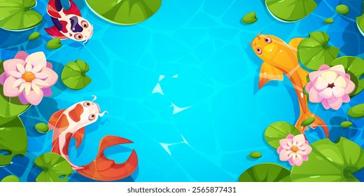 Top view on koi fish with lotus leaves and flowers swimming in blue water of Japanese or Chinese pond with empty space for text. Cartoon vector border and frame with oriental underwater animals.