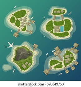 Top view on lagoon on tropical islands with bays and bungalow, houses and bridges, sand beach and umbrellas. Boat or yacht, ship on sea or ocean, flying airplane and gull. Map and tourism sign, travel